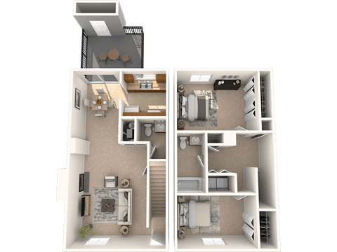 Floor plan for 2 beds, 1.5 baths, 1000 sqft